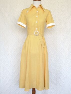 Yellow Short-Sleeve Belted Shirt Dress
